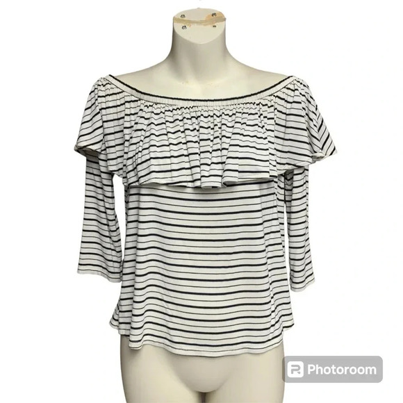 American Eagle Outfitters size small on/off shoulder cream/black ruffled top - Picture 1 of 6